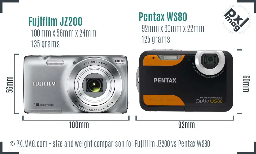 Fujifilm JZ200 vs Pentax WS80 size comparison