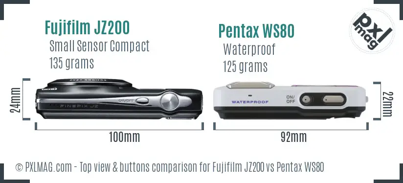Fujifilm JZ200 vs Pentax WS80 top view buttons comparison