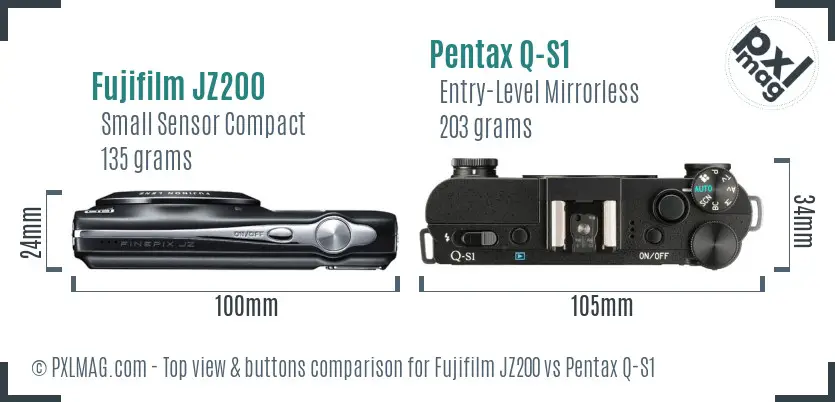 Fujifilm JZ200 vs Pentax Q-S1 top view buttons comparison