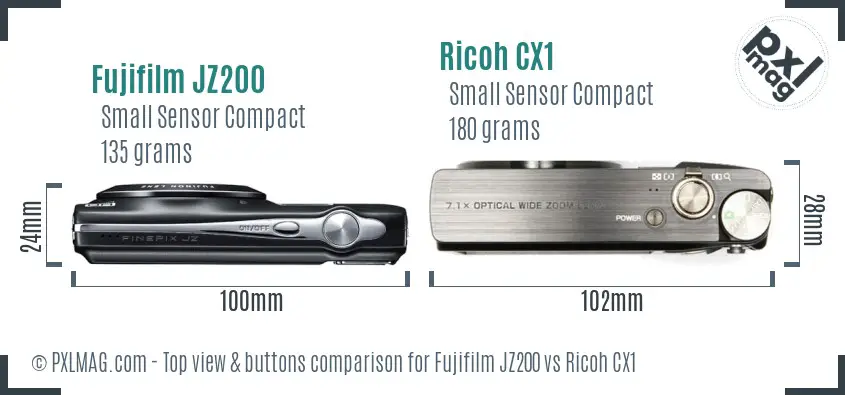 Fujifilm JZ200 vs Ricoh CX1 top view buttons comparison Fujifilm JZ200 vs Ricoh CX1 top view buttons comparison
