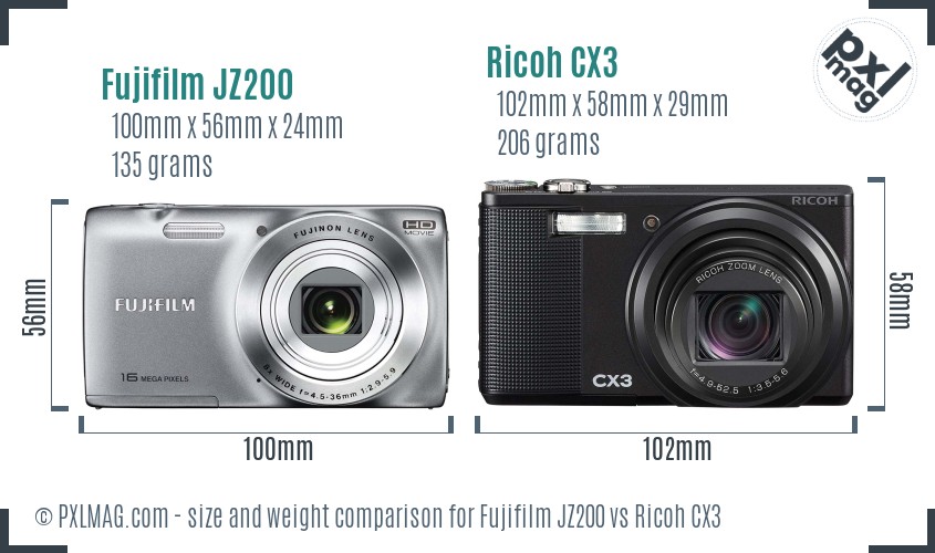 Fujifilm JZ200 vs Ricoh CX3 size comparison