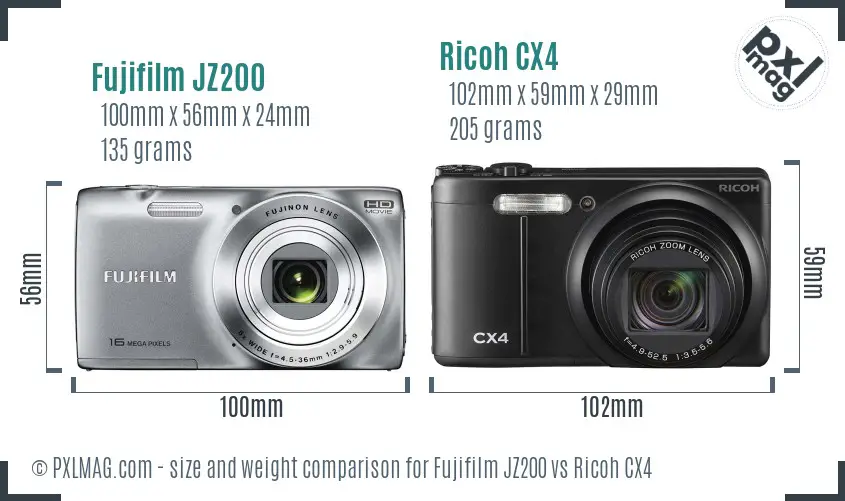 Fujifilm JZ200 vs Ricoh CX4 size comparison