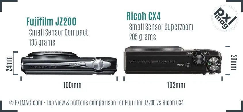 Fujifilm JZ200 vs Ricoh CX4 top view buttons comparison