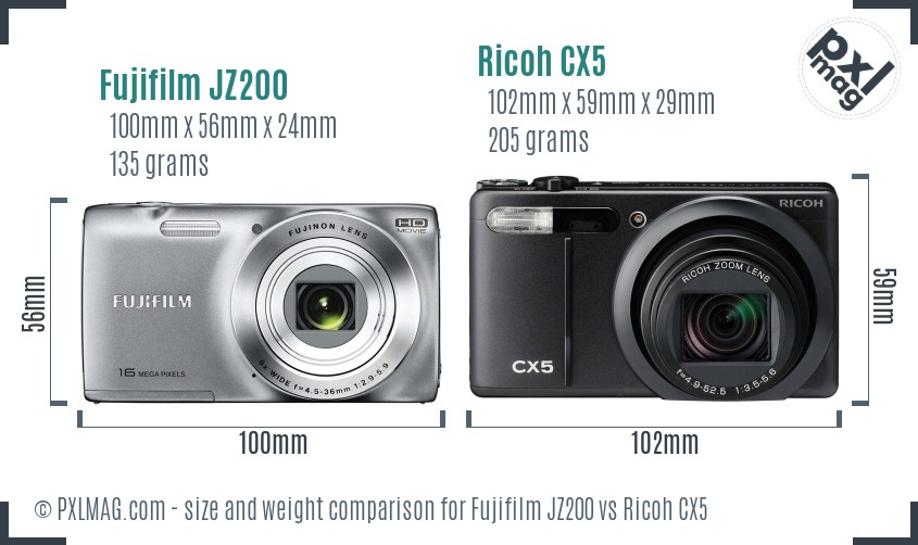 Fujifilm JZ200 vs Ricoh CX5 size comparison Fujifilm JZ200 vs Ricoh CX5 size comparison