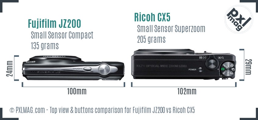 Fujifilm JZ200 vs Ricoh CX5 top view buttons comparison