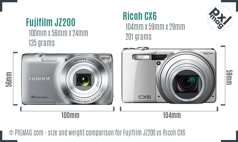 Fujifilm JZ200 vs Ricoh CX6 size comparison