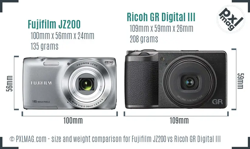 Fujifilm JZ200 vs Ricoh GR Digital III size comparison