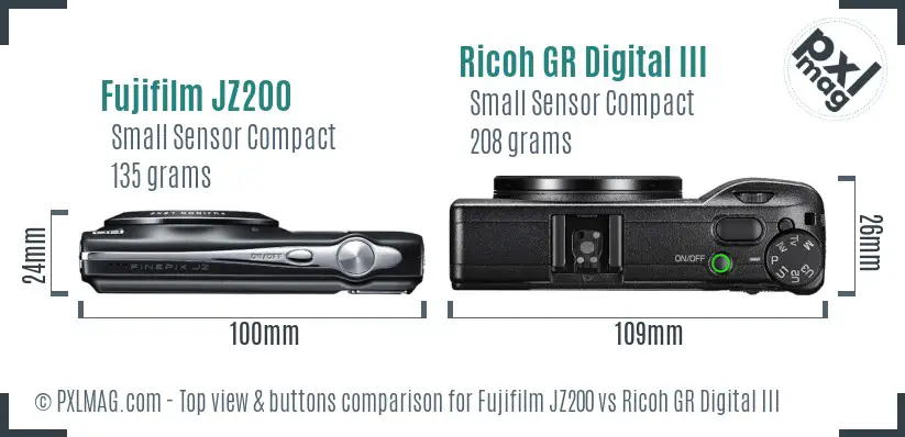 Fujifilm JZ200 vs Ricoh GR Digital III top view buttons comparison