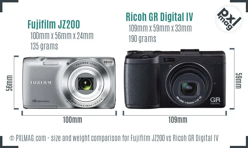 Fujifilm JZ200 vs Ricoh GR Digital IV size comparison
