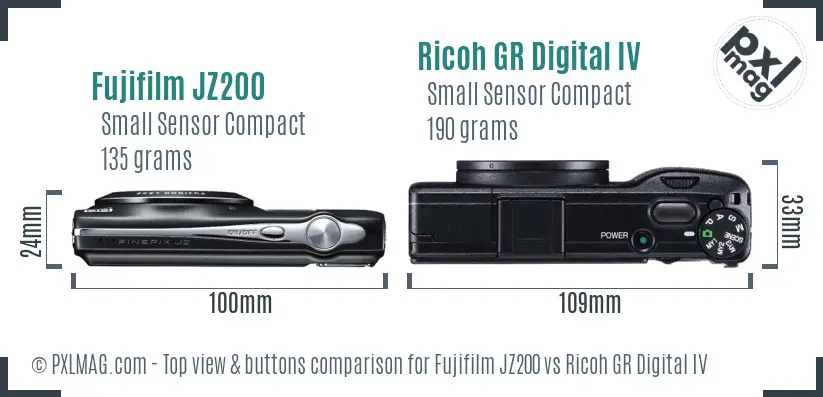 Fujifilm JZ200 vs Ricoh GR Digital IV top view buttons comparison