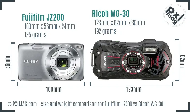 Fujifilm JZ200 vs Ricoh WG-30 size comparison