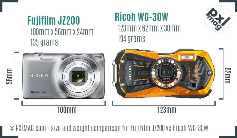 Fujifilm JZ200 vs Ricoh WG-30W size comparison