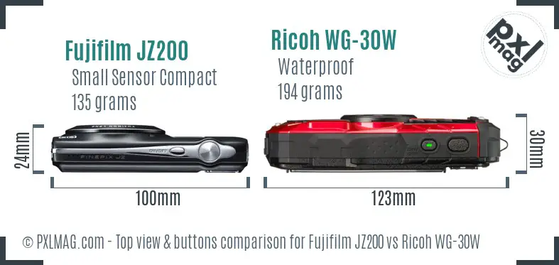 Fujifilm JZ200 vs Ricoh WG-30W top view buttons comparison