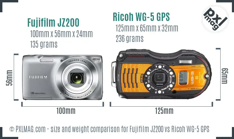 Fujifilm JZ200 vs Ricoh WG-5 GPS size comparison