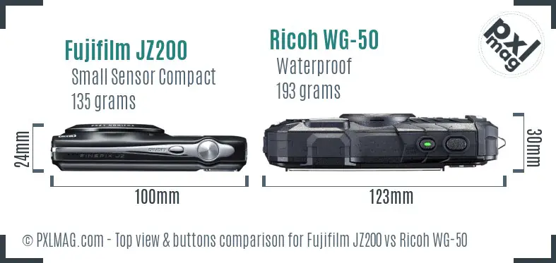Fujifilm JZ200 vs Ricoh WG-50 top view buttons comparison Fujifilm JZ200 vs Ricoh WG-50 top view buttons comparison