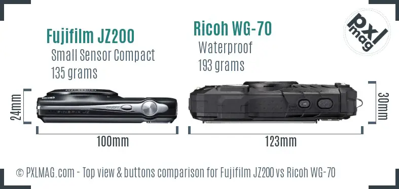 Fujifilm JZ200 vs Ricoh WG-70 top view buttons comparison Fujifilm JZ200 vs Ricoh WG-70 top view buttons comparison