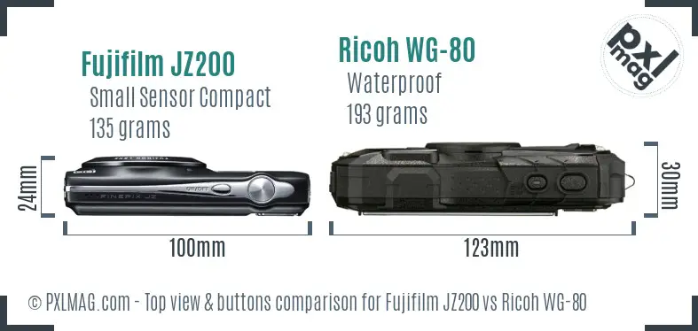 Fujifilm JZ200 vs Ricoh WG-80 top view buttons comparison Fujifilm JZ200 vs Ricoh WG-80 top view buttons comparison