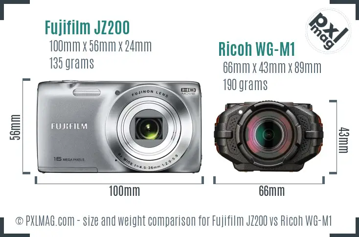 Fujifilm JZ200 vs Ricoh WG-M1 size comparison