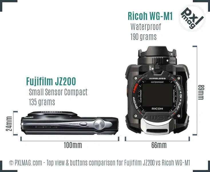 Fujifilm JZ200 vs Ricoh WG-M1 top view buttons comparison