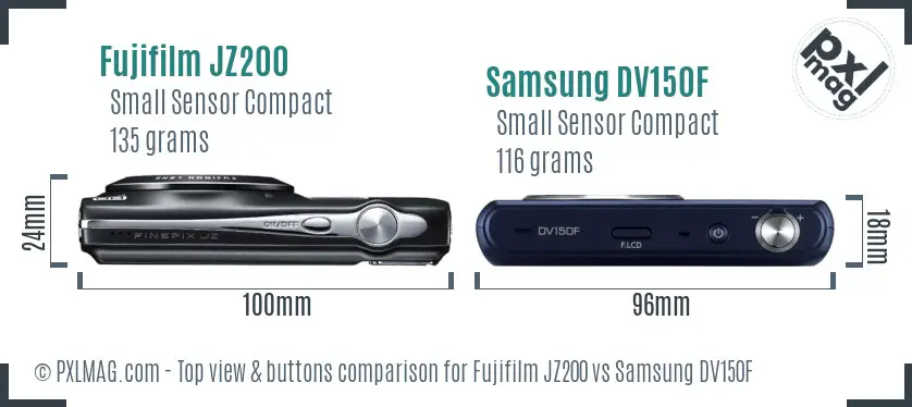 Fujifilm JZ200 vs Samsung DV150F top view buttons comparison Fujifilm JZ200 vs Samsung DV150F top view buttons comparison