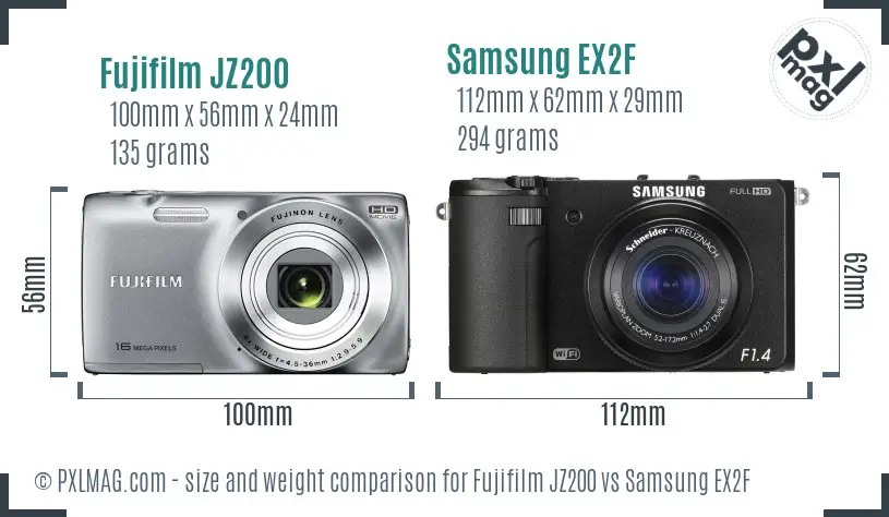 Fujifilm JZ200 vs Samsung EX2F size comparison