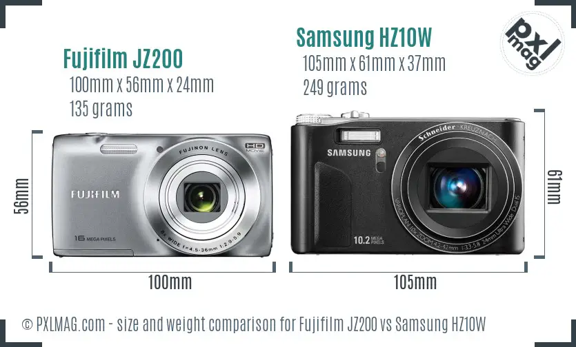 Fujifilm JZ200 vs Samsung HZ10W size comparison