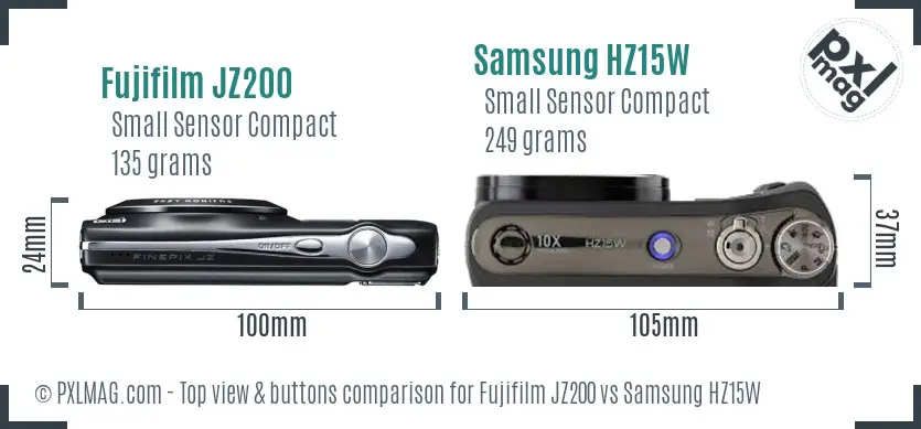 Fujifilm JZ200 vs Samsung HZ15W top view buttons comparison