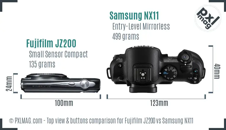 Fujifilm JZ200 vs Samsung NX11 top view buttons comparison