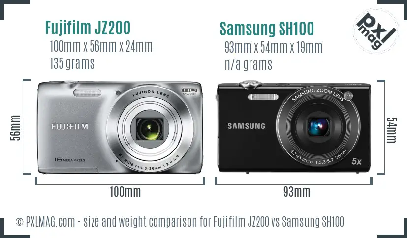 Fujifilm JZ200 vs Samsung SH100 size comparison