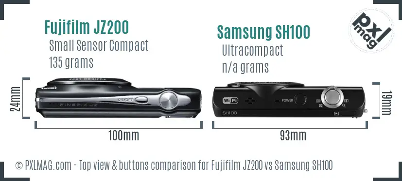 Fujifilm JZ200 vs Samsung SH100 top view buttons comparison