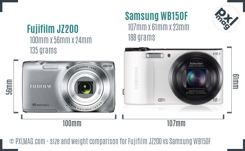 Fujifilm JZ200 vs Samsung WB150F size comparison