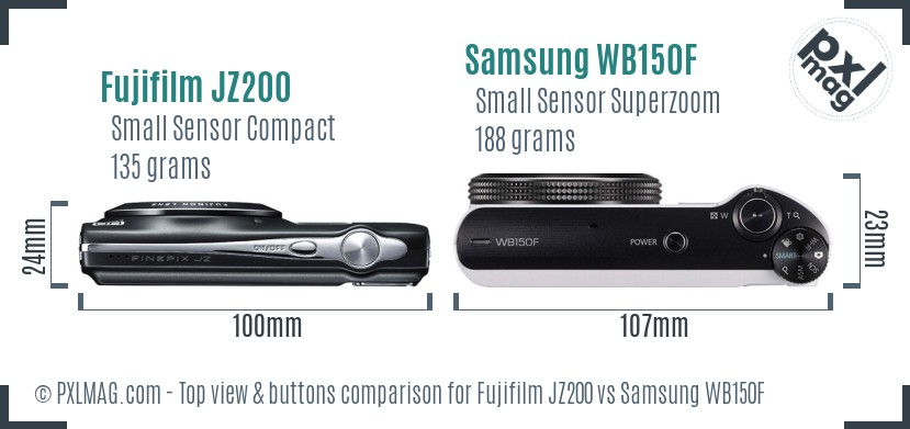 Fujifilm JZ200 vs Samsung WB150F top view buttons comparison