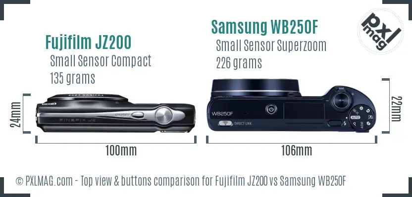 Fujifilm JZ200 vs Samsung WB250F top view buttons comparison