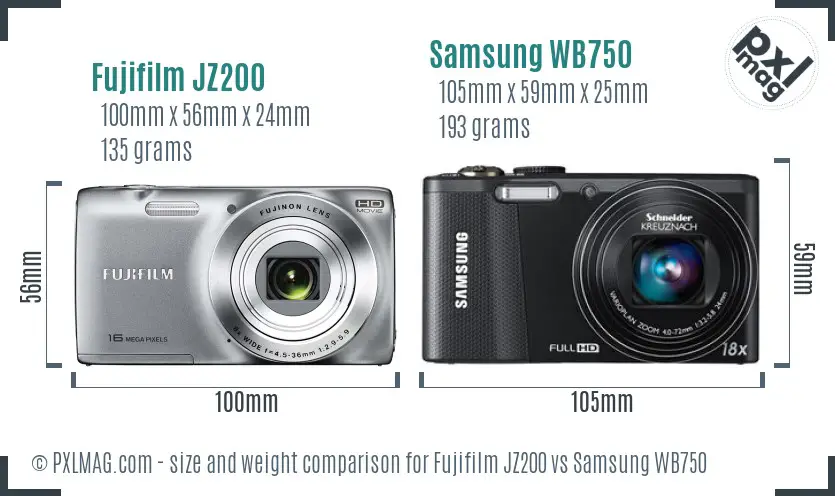 Fujifilm JZ200 vs Samsung WB750 size comparison