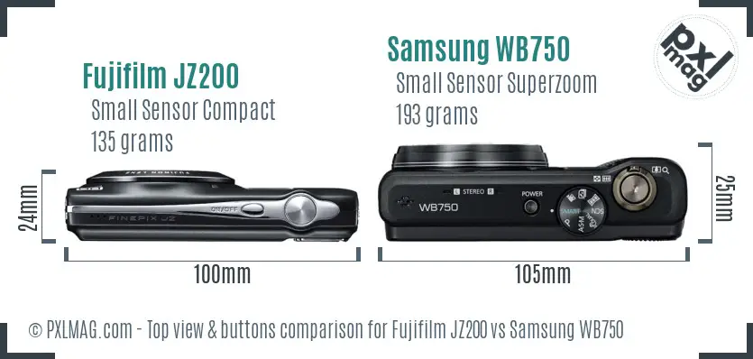 Fujifilm JZ200 vs Samsung WB750 top view buttons comparison