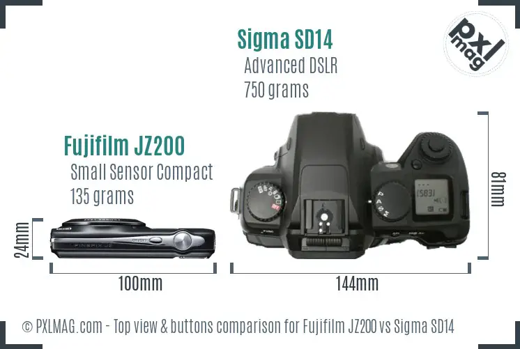 Fujifilm JZ200 vs Sigma SD14 top view buttons comparison