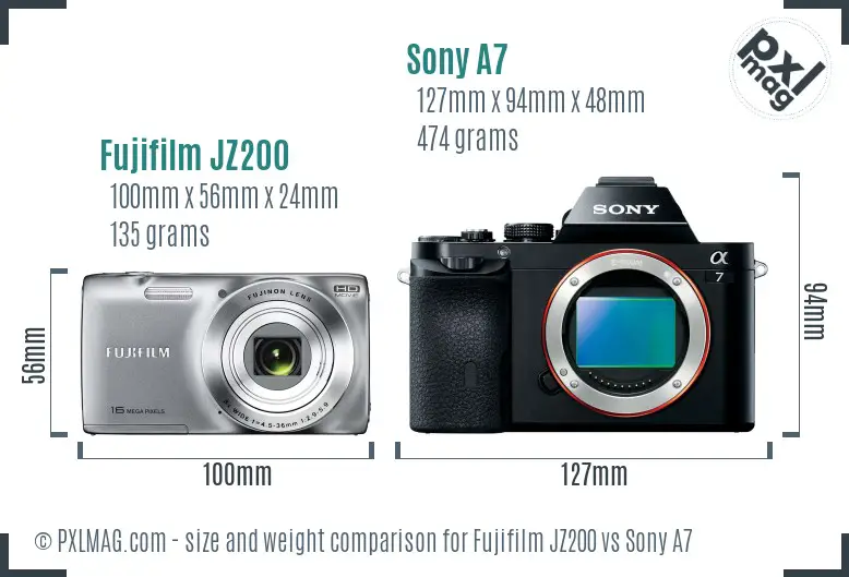 Fujifilm JZ200 vs Sony A7 size comparison