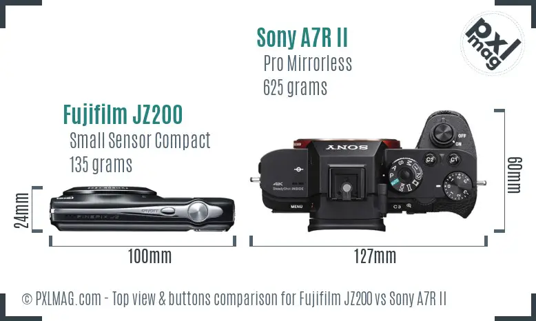Fujifilm JZ200 vs Sony A7R II top view buttons comparison