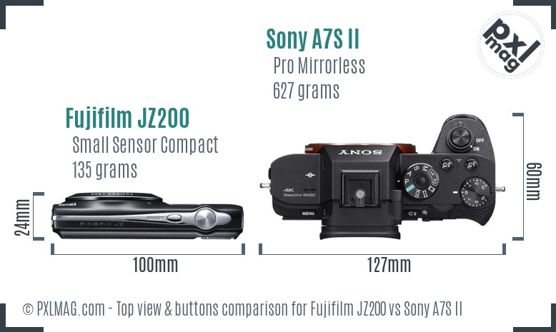 Fujifilm JZ200 vs Sony A7S II top view buttons comparison