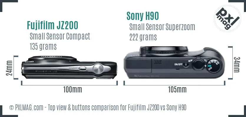 Fujifilm JZ200 vs Sony H90 top view buttons comparison