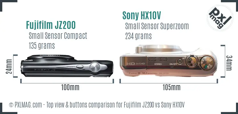 Fujifilm JZ200 vs Sony HX10V top view buttons comparison Fujifilm JZ200 vs Sony HX10V top view buttons comparison