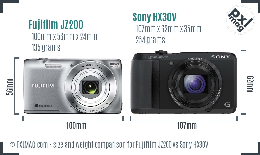 Fujifilm JZ200 vs Sony HX30V size comparison
