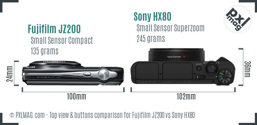 Fujifilm JZ200 vs Sony HX80 top view buttons comparison