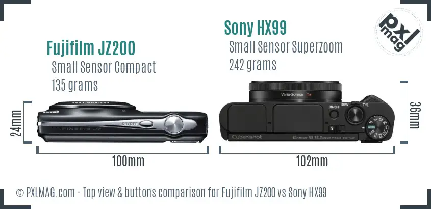 Fujifilm JZ200 vs Sony HX99 top view buttons comparison Fujifilm JZ200 vs Sony HX99 top view buttons comparison