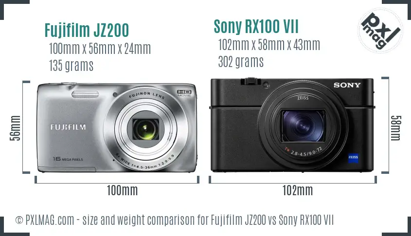 Fujifilm JZ200 vs Sony RX100 VII size comparison