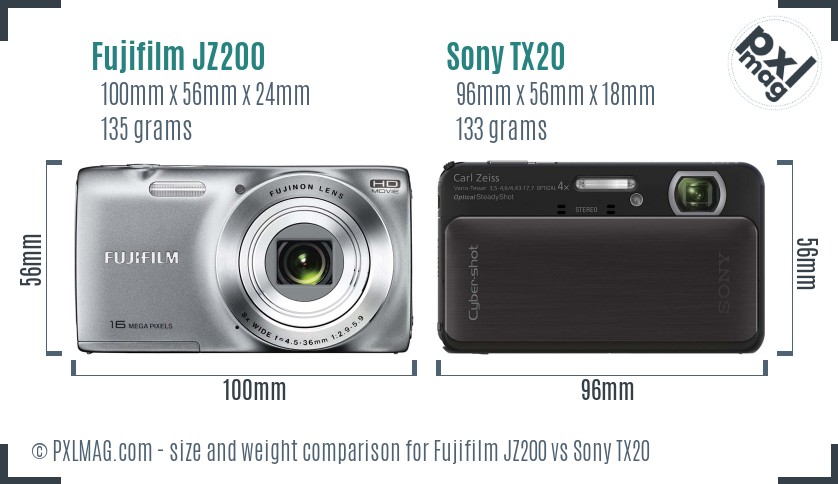 Fujifilm JZ200 vs Sony TX20 size comparison