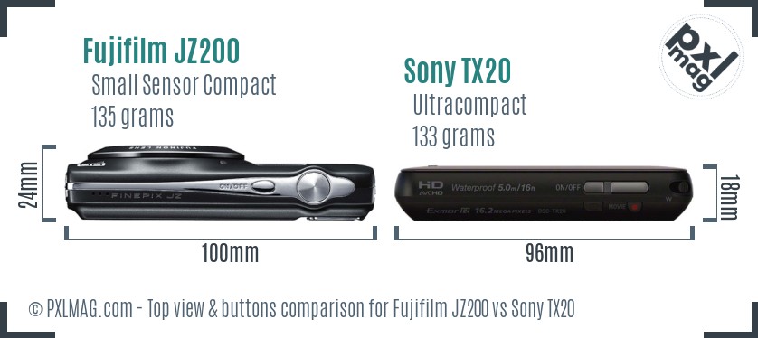 Fujifilm JZ200 vs Sony TX20 top view buttons comparison