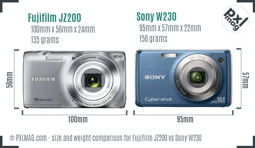 Fujifilm JZ200 vs Sony W230 size comparison