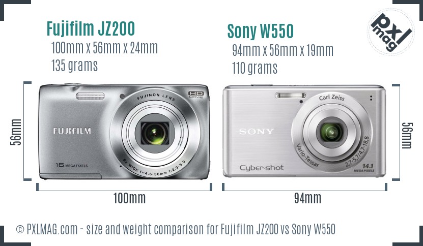 Fujifilm JZ200 vs Sony W550 size comparison