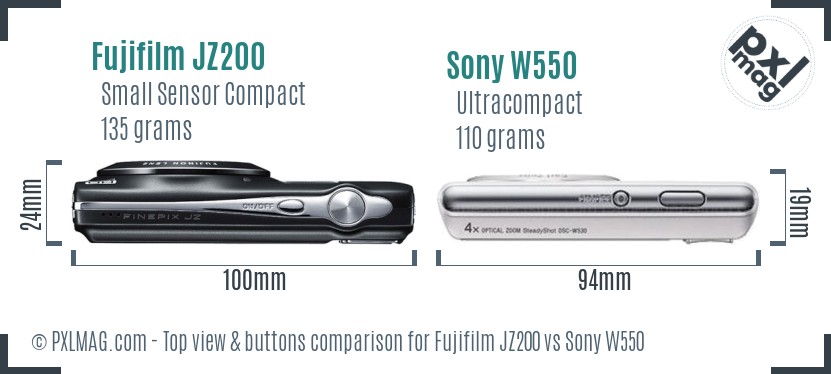 Fujifilm JZ200 vs Sony W550 top view buttons comparison